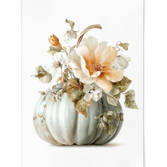 Watercolor Pumpkin with Flowers Wall Art Print Unframed - Cozy Autumn Elegance - Picture 3 of 6